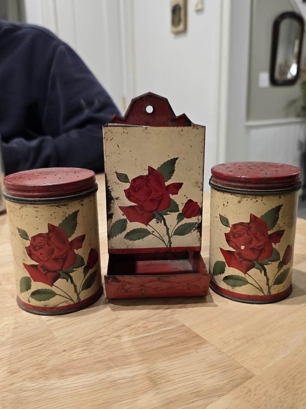Vintage Red Rose Metal Canister Set with Match Dispenser And 2 Shakers